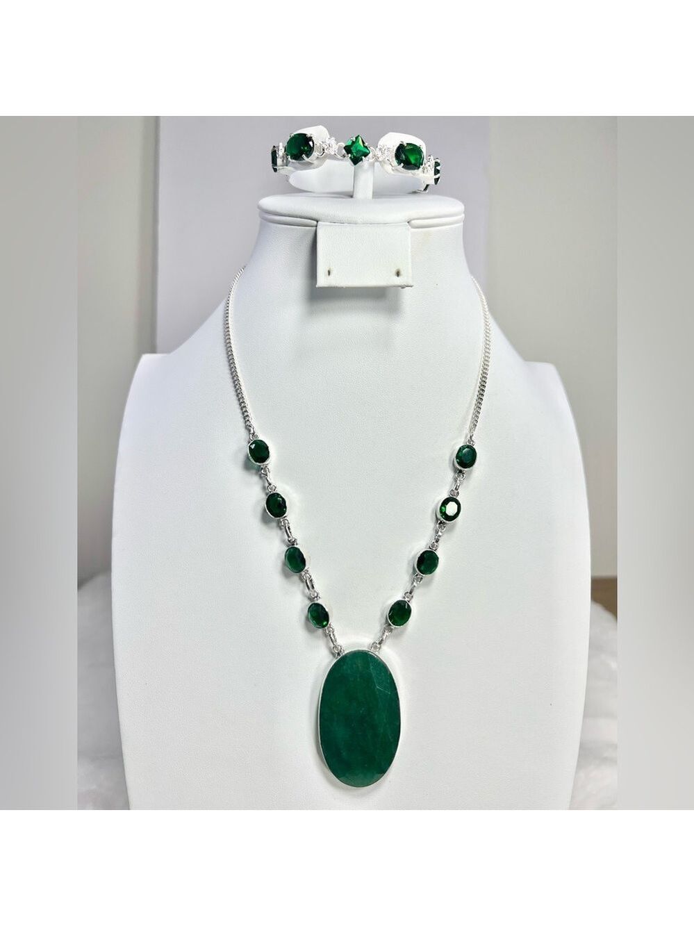 Emerald & Green Quartz 925 Large Stone Necklace & Bracelet Set